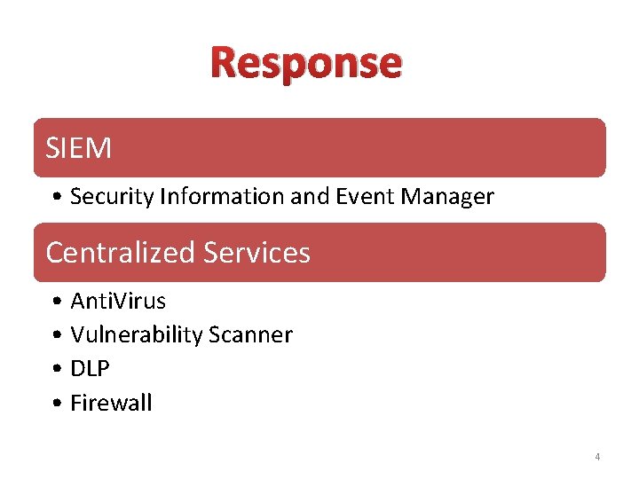 Response SIEM • Security Information and Event Manager Centralized Services • Anti. Virus •