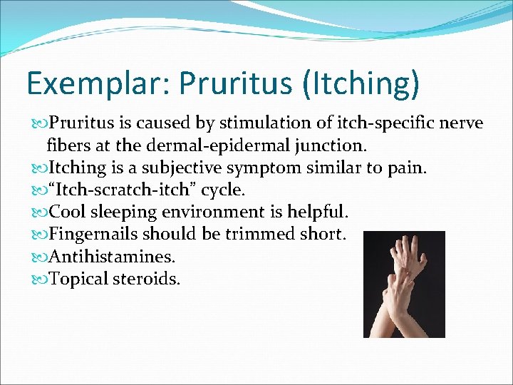 Exemplar: Pruritus (Itching) Pruritus is caused by stimulation of itch-specific nerve fibers at the