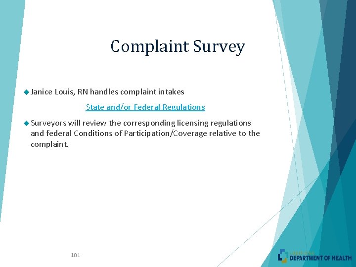 Complaint Survey Janice Louis, RN handles complaint intakes State and/or Federal Regulations Surveyors will