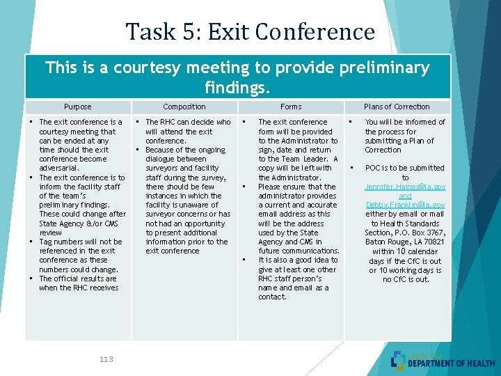 Task 5: Exit Conference This is a courtesy meeting to provide preliminary findings. Purpose