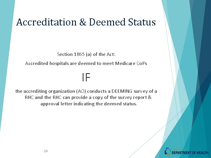 Accreditation & Deemed Status Section 1865 (a) of the Act: Accredited hospitals are deemed
