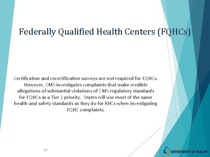 Federally Qualified Health Centers (FQHCs) Certification and recertification surveys are not required for FQHCs.