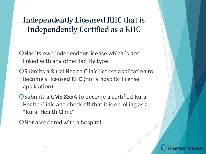 Independently Licensed RHC that is Independently Certified as a RHC Has its own independent