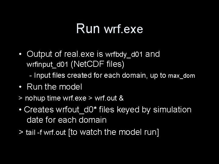 Run wrf. exe • Output of real. exe is wrfbdy_d 01 and wrfinput_d 01