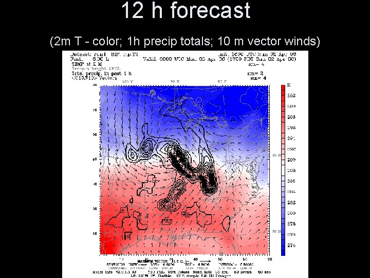 12 h forecast (2 m T - color; 1 h precip totals; 10 m