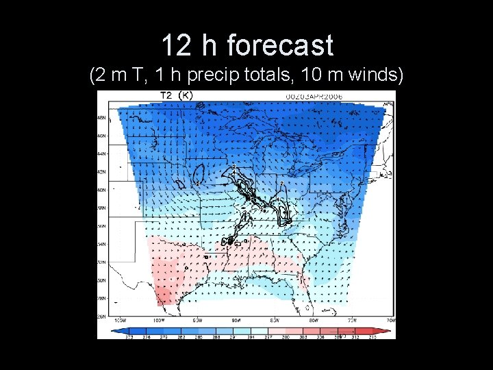 12 h forecast (2 m T, 1 h precip totals, 10 m winds) 