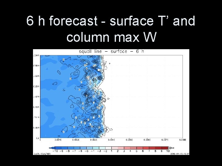 6 h forecast - surface T’ and column max W 