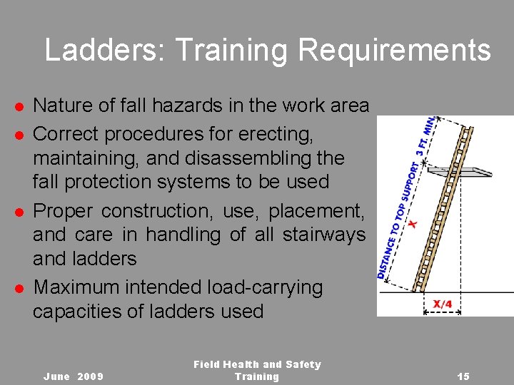 Ladders: Training Requirements l l Nature of fall hazards in the work area Correct