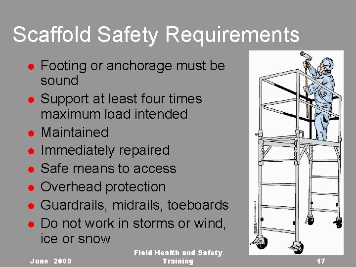 Scaffold Safety Requirements l l l l Footing or anchorage must be sound Support