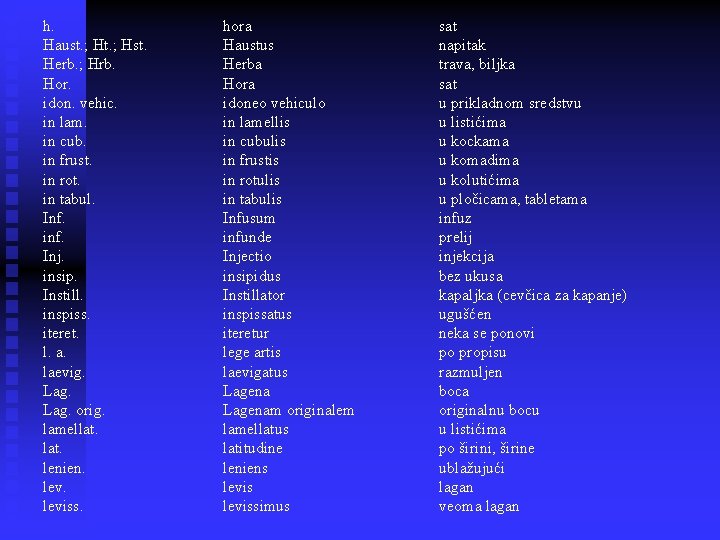 h. Haust. ; Hst. Herb. ; Hrb. Hor. idon. vehic. in lam. in cub.