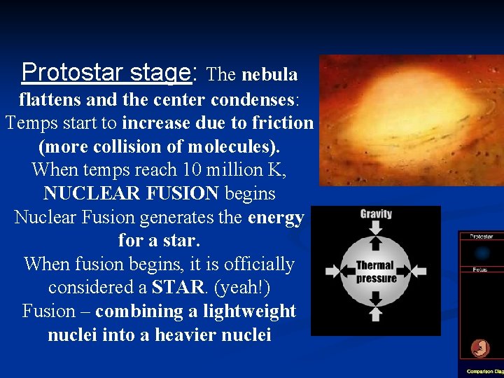 Protostar stage: The nebula flattens and the center condenses: Temps start to increase due
