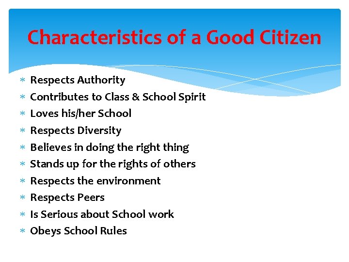 Characteristics of a Good Citizen Respects Authority Contributes to Class & School Spirit Loves Characteristics of a Good Citizen Respects Authority Contributes to Class & School Spirit Loves