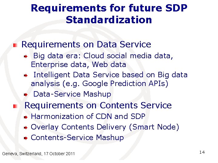 Requirements for future SDP Standardization Requirements on Data Service Big data era: Cloud social Requirements for future SDP Standardization Requirements on Data Service Big data era: Cloud social