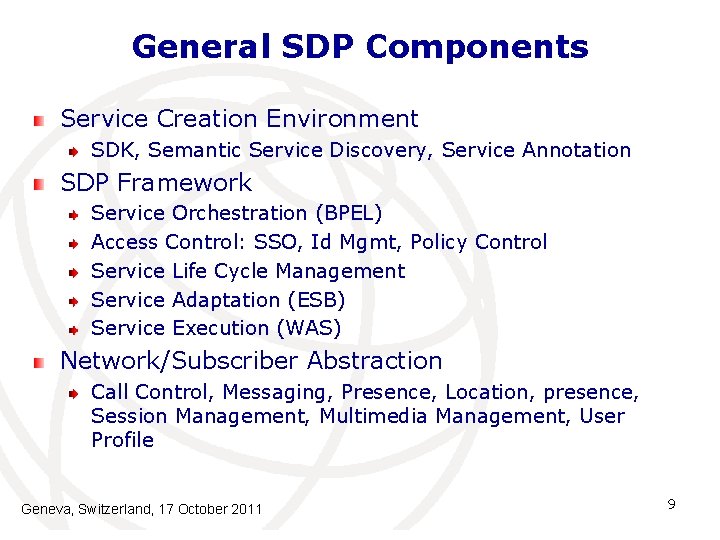 General SDP Components Service Creation Environment SDK, Semantic Service Discovery, Service Annotation SDP Framework General SDP Components Service Creation Environment SDK, Semantic Service Discovery, Service Annotation SDP Framework