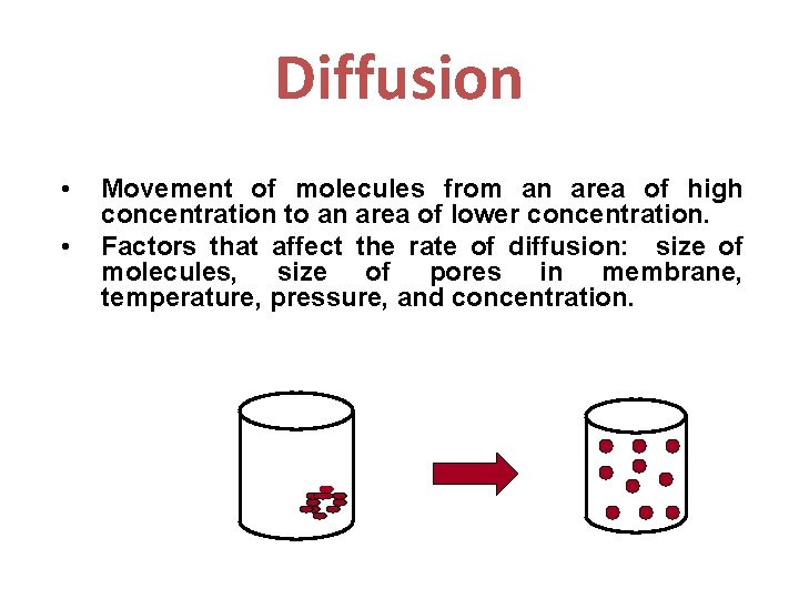 Diffusion • • Movement of molecules from an area of high concentration to an
