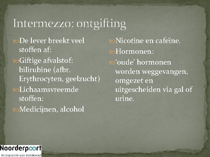 Intermezzo: ontgifting De lever breekt veel stoffen af: Giftige afvalstof: bilirubine (afbr. Erythrocyten, geelzucht)