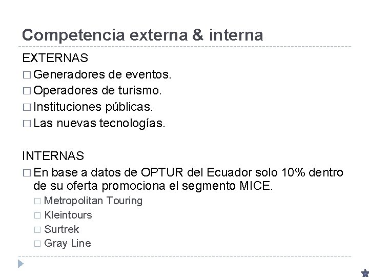 Competencia externa & interna EXTERNAS � Generadores de eventos. � Operadores de turismo. �