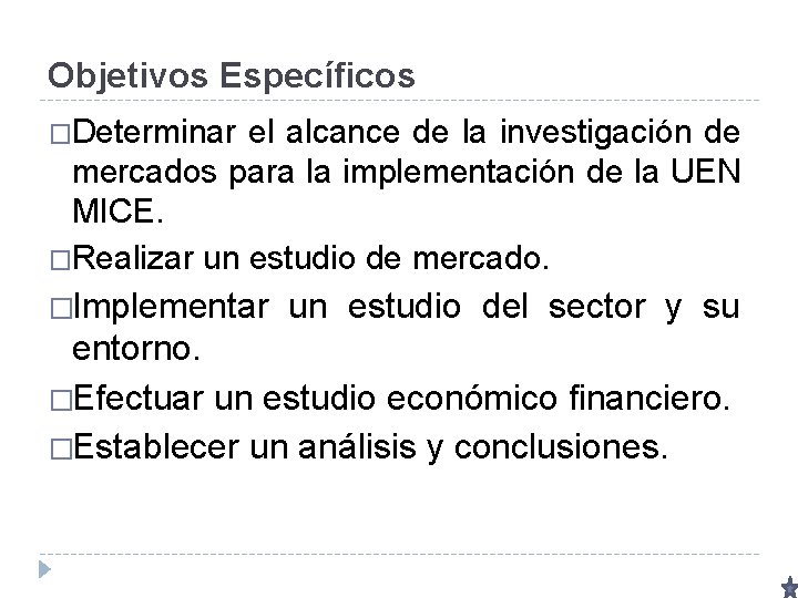 Objetivos Específicos �Determinar el alcance de la investigación de mercados para la implementación de