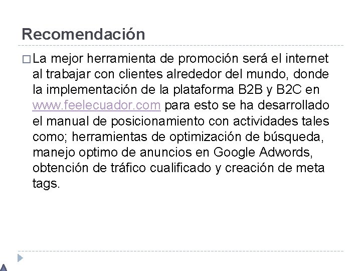 Recomendación � La mejor herramienta de promoción será el internet al trabajar con clientes