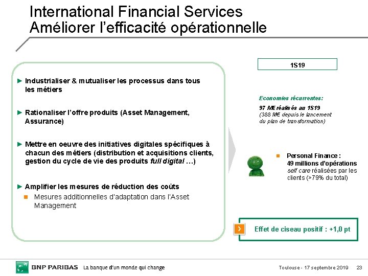 International Financial Services Améliorer l’efficacité opérationnelle 1 S 19 ► Industrialiser & mutualiser les