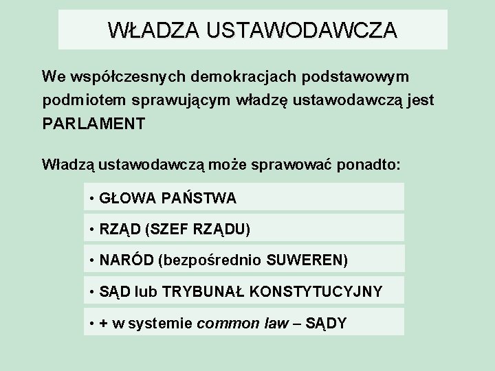 WŁADZA USTAWODAWCZA We współczesnych demokracjach podstawowym podmiotem sprawującym władzę ustawodawczą jest PARLAMENT Władzą ustawodawczą