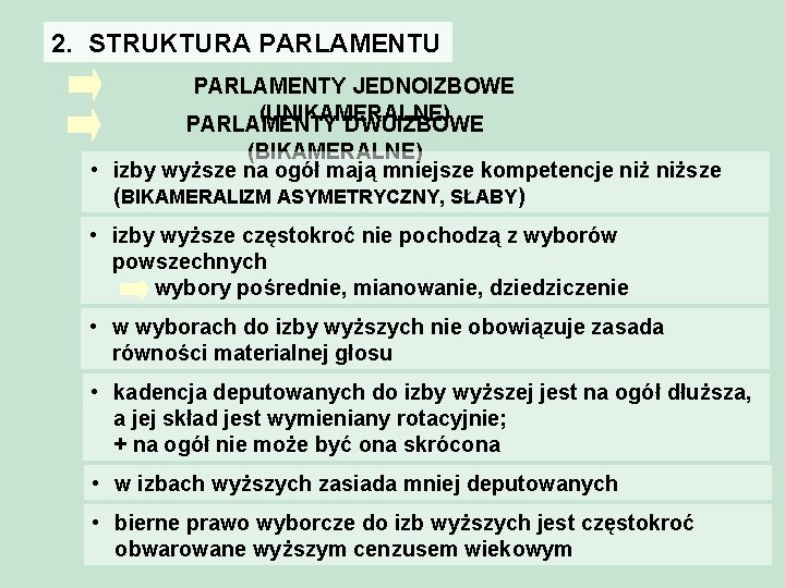 2. STRUKTURA PARLAMENTU PARLAMENTY JEDNOIZBOWE (UNIKAMERALNE) PARLAMENTY DWUIZBOWE (BIKAMERALNE) • izby wyższe na ogół