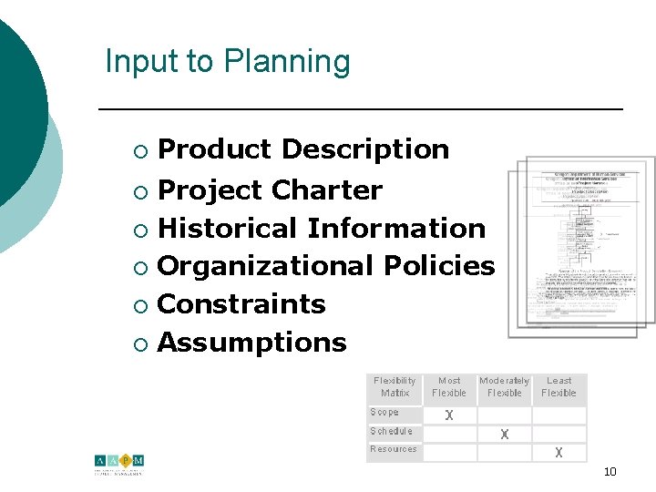 Input to Planning ¡ Product Description Project Charter ¡ Historical Information ¡ Organizational Policies