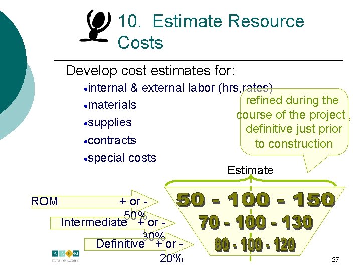 10. Estimate Resource Costs Develop cost estimates for: ·internal & external labor (hrs, rates)