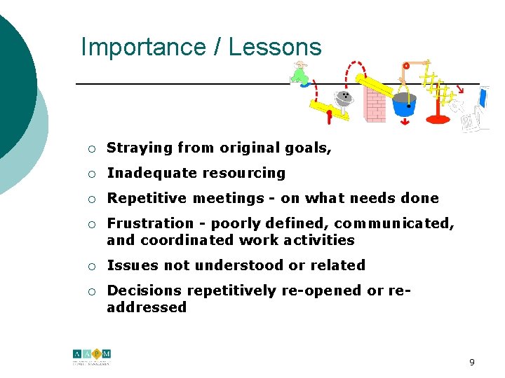 Importance / Lessons ¡ Straying from original goals, ¡ Inadequate resourcing ¡ Repetitive meetings