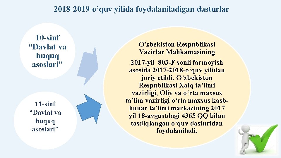 2018 -2019 -o’quv yilida foydalaniladigan dasturlar 10 -sinf “Davlat va huquq asoslari" 11 -sinf