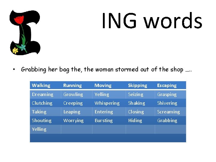 ING words • Grabbing her bag the, the woman stormed out of the shop