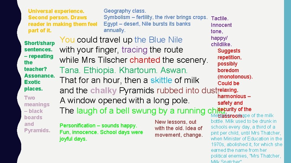 Geography class. Symbolism – fertility, the river brings crops. Tactile. Egypt – desert, Nile