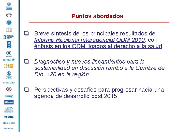 Puntos abordados q Breve síntesis de los principales resultados del Informe Regional Interagencial ODM