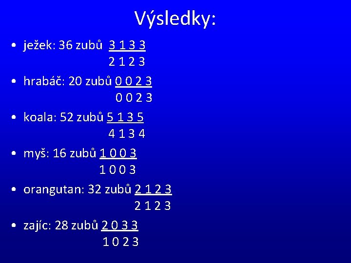 Výsledky: • ježek: 36 zubů 3 1 3 3 2 1 2 3 •