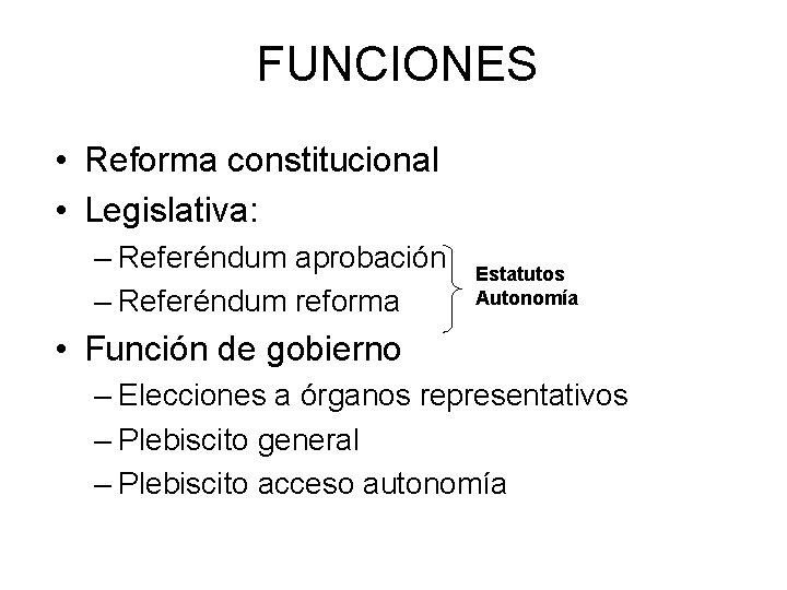 FUNCIONES • Reforma constitucional • Legislativa: – Referéndum aprobación – Referéndum reforma Estatutos Autonomía