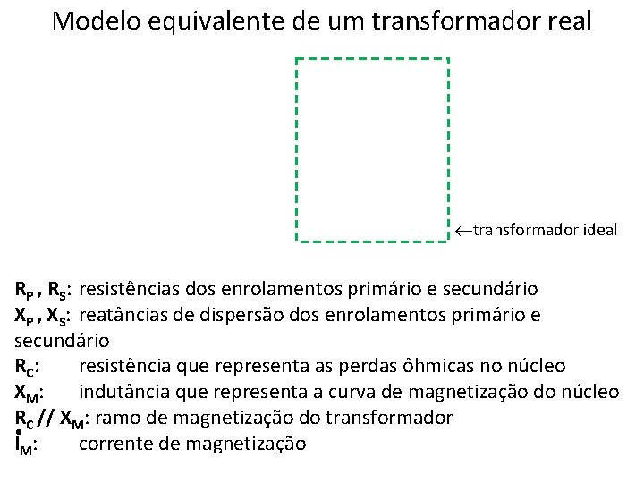 Modelo equivalente de um transformador real transformador ideal RP , RS: resistências dos enrolamentos