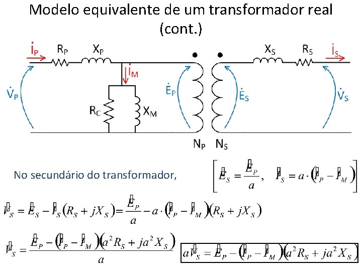 Modelo equivalente de um transformador real (cont. ) No secundário do transformador, 