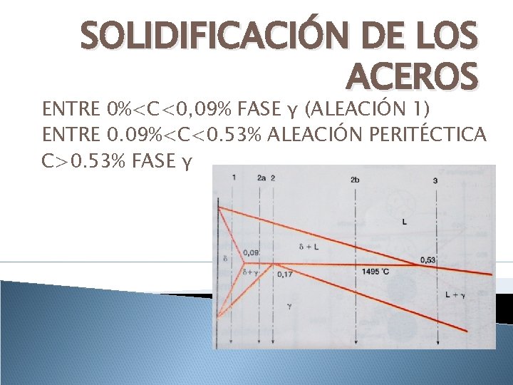 SOLIDIFICACIÓN DE LOS ACEROS ENTRE 0%<C<0, 09% FASE γ (ALEACIÓN 1) ENTRE 0. 09%<C<0.