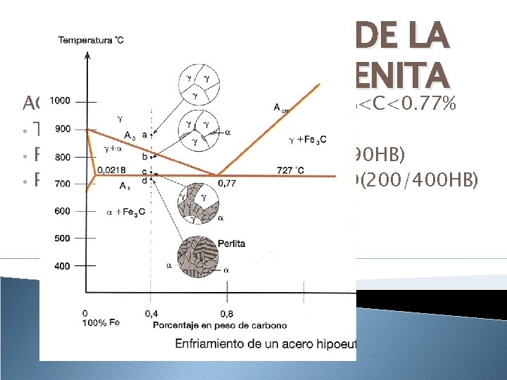 ENFRIAMIENTO DE LA AUSTENITA ACEROS HIPOEUTECTÓIDES 0. 0218%<C<0. 77% • T DESIGNADA POR A