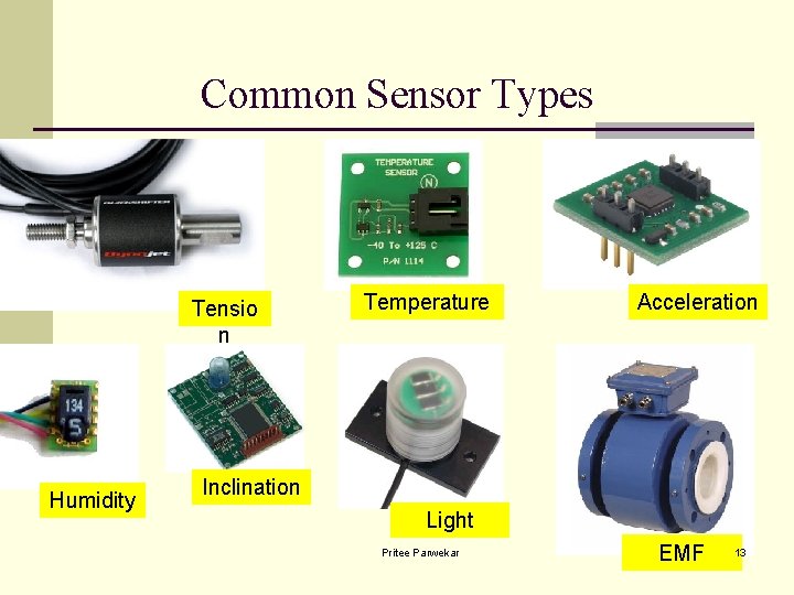 Common Sensor Types Tensio n Humidity Temperature Acceleration Inclination Light Pritee Parwekar EMF 13