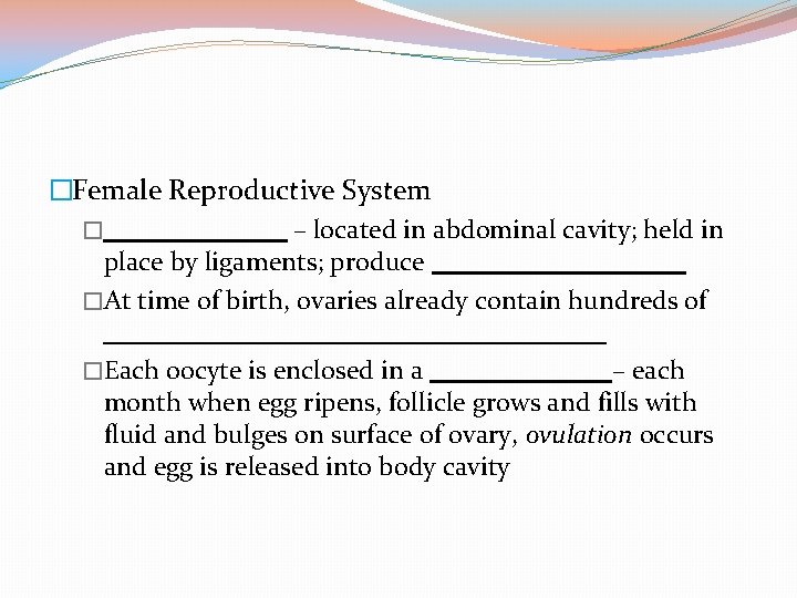 �Female Reproductive System � – located in abdominal cavity; held in place by ligaments;