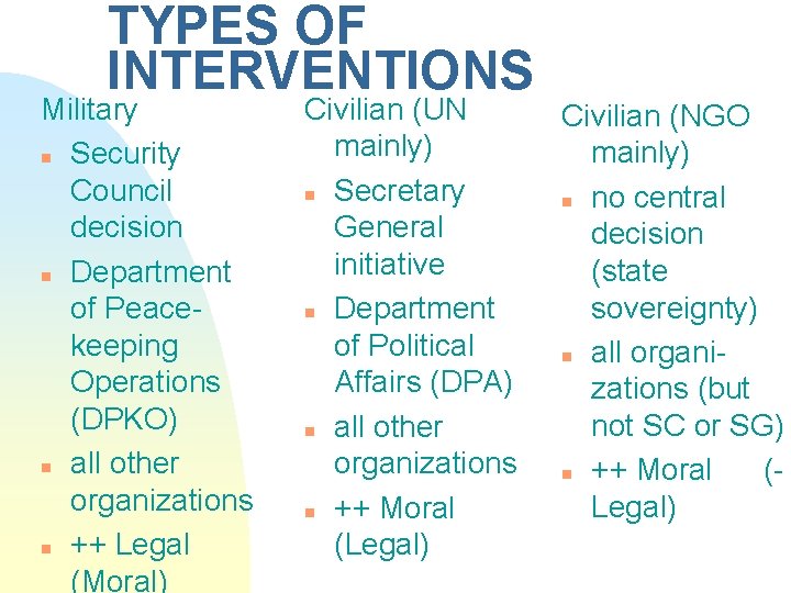 TYPES OF INTERVENTIONS Military n Security Council decision n Department of Peacekeeping Operations (DPKO)