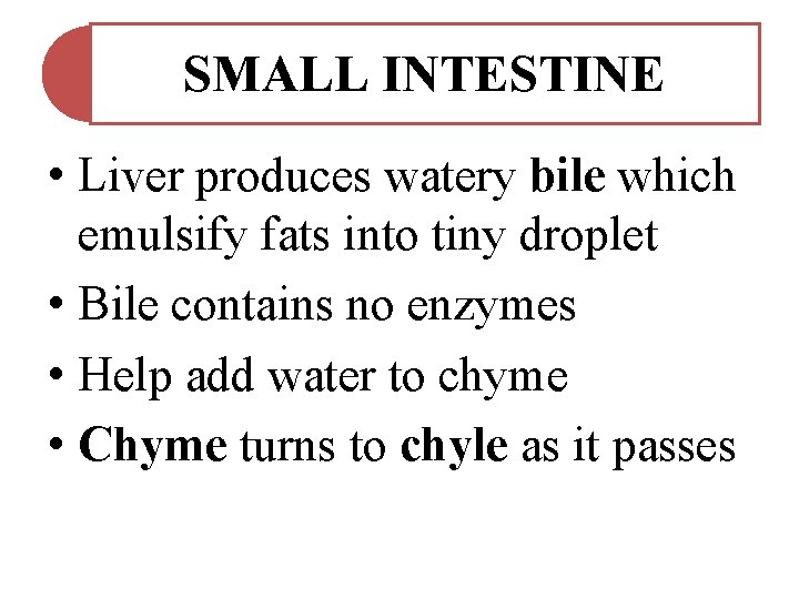 SMALL INTESTINE • Liver produces watery bile which emulsify fats into tiny droplet •