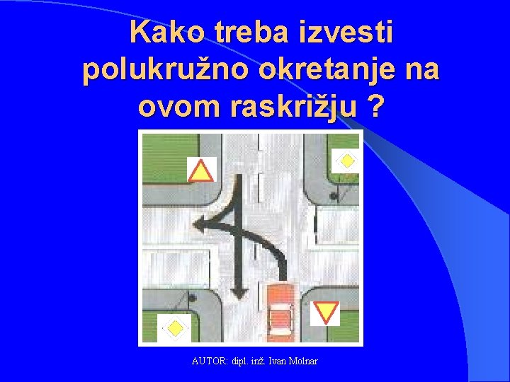 Kako treba izvesti polukružno okretanje na ovom raskrižju ? AUTOR: dipl. inž. Ivan Molnar