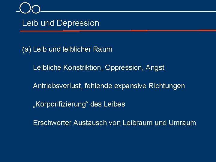 Leib und Depression (a) Leib und leiblicher Raum Leibliche Konstriktion, Oppression, Angst Antriebsverlust, fehlende