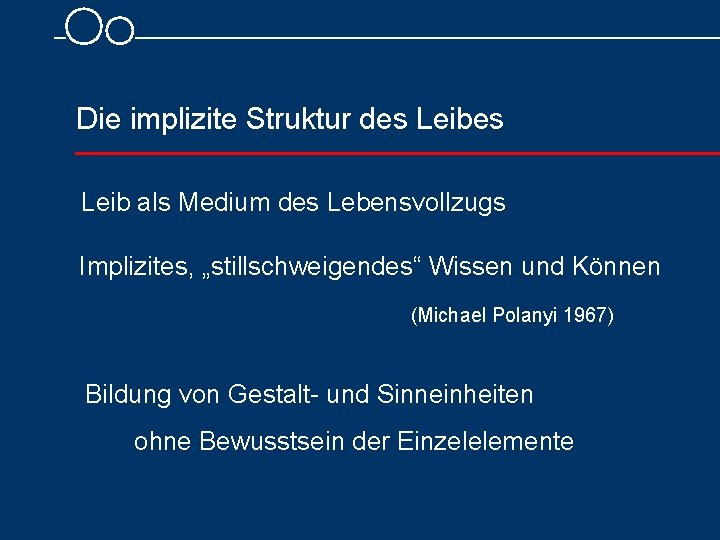 Die implizite Struktur des Leib als Medium des Lebensvollzugs Implizites, „stillschweigendes“ Wissen und Können