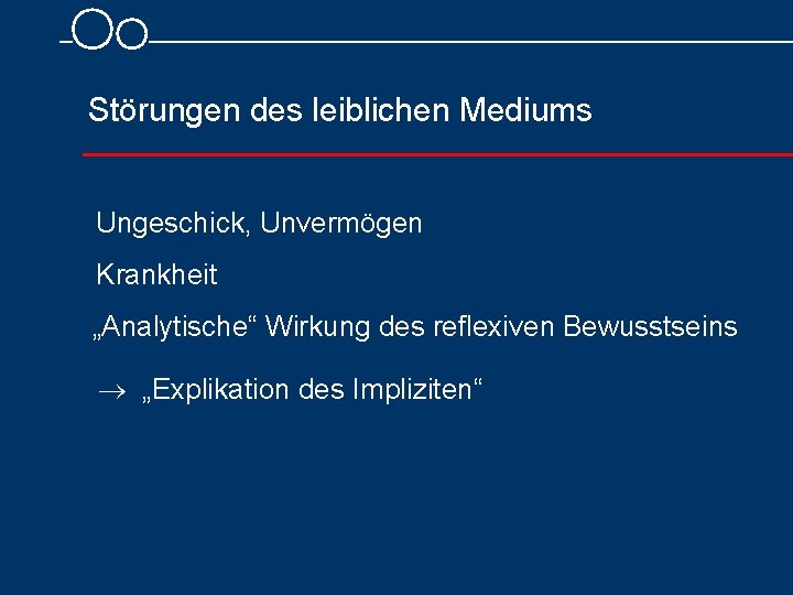 Störungen des leiblichen Mediums Ungeschick, Unvermögen Krankheit „Analytische“ Wirkung des reflexiven Bewusstseins „Explikation des