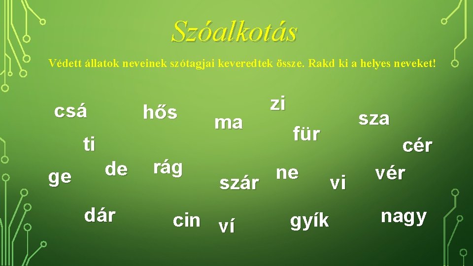 Szóalkotás Védett állatok neveinek szótagjai keveredtek össze. Rakd ki a helyes neveket! csá hős