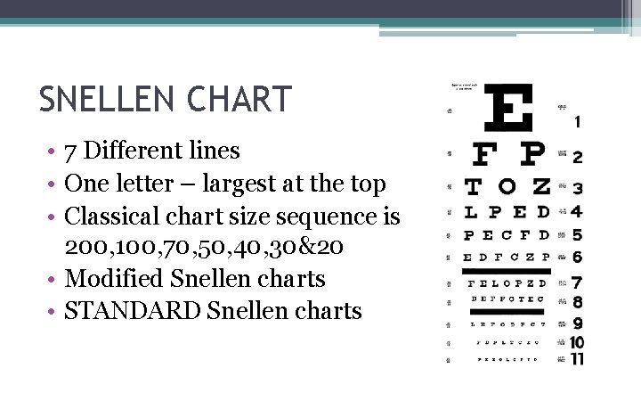 SNELLEN CHART • 7 Different lines • One letter – largest at the top SNELLEN CHART • 7 Different lines • One letter – largest at the top