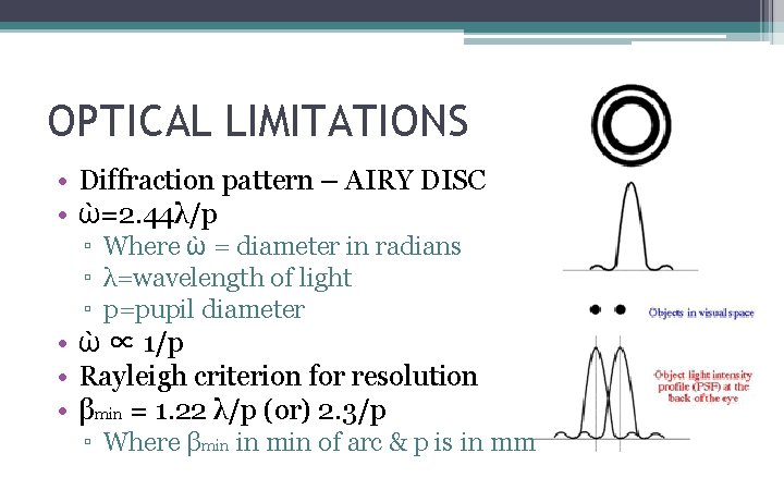 OPTICAL LIMITATIONS • Diffraction pattern – AIRY DISC • ὼ=2. 44λ/p ▫ Where ὼ OPTICAL LIMITATIONS • Diffraction pattern – AIRY DISC • ὼ=2. 44λ/p ▫ Where ὼ